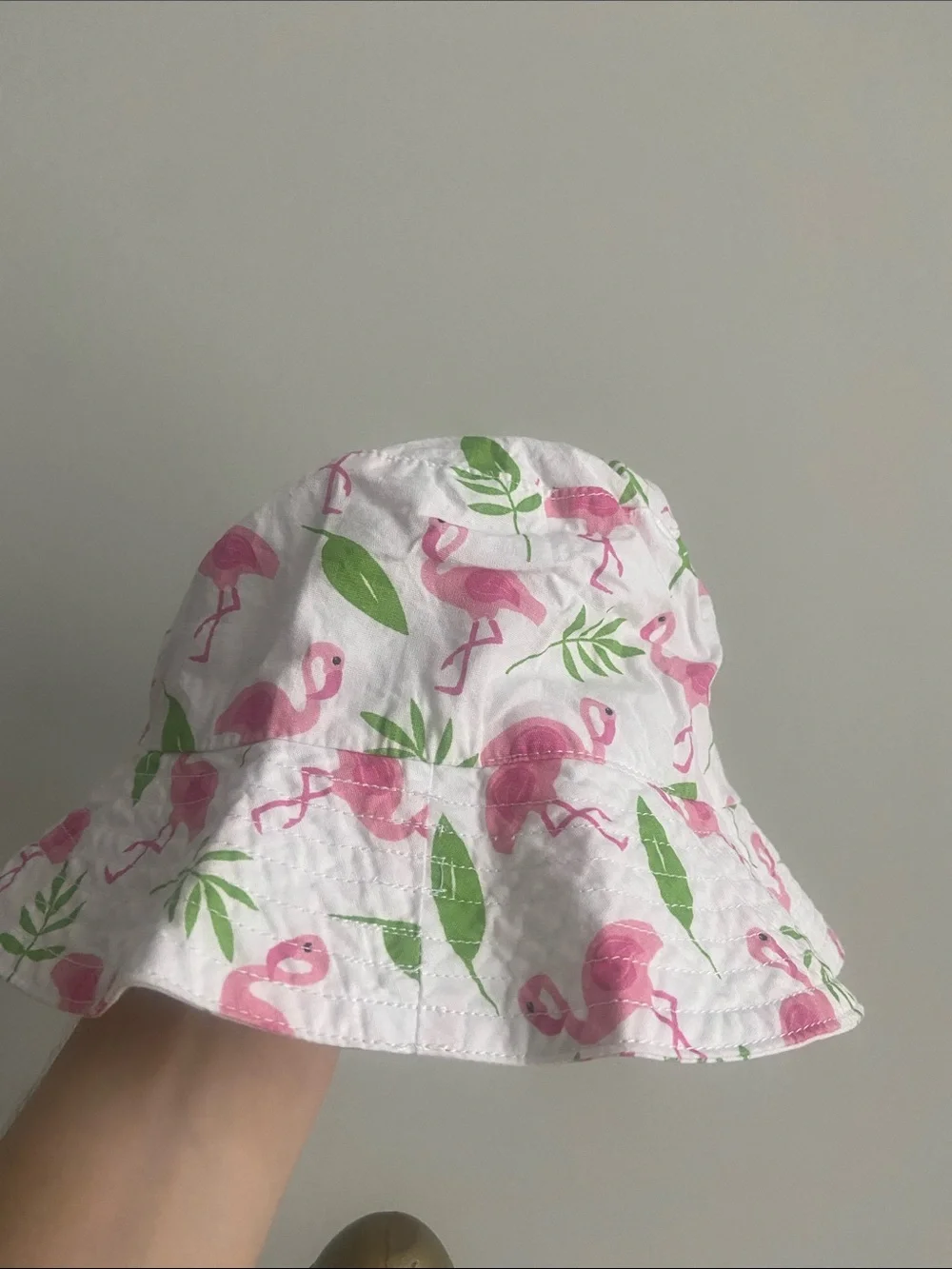 Baby White Bucket Hat with Pink Flamingo Print age 0+ pool sun hat baby girl